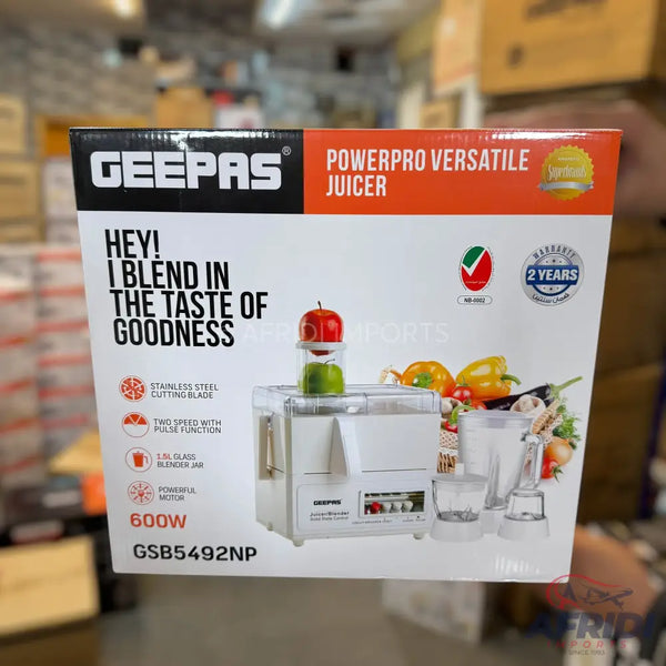 A white Geepas PowerPro versatile juicer with a 1.5L blender jar, a 600W powerful motor, stainless steel cutting blade, and two-speed with pulse function.