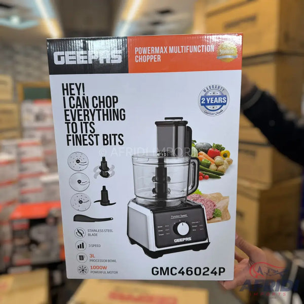 Geepas Powermax Multifunction Chopper with 2-year warranty, stainless steel blade, 3 speeds, 3L processor bowl, and 1000W powerful motor.