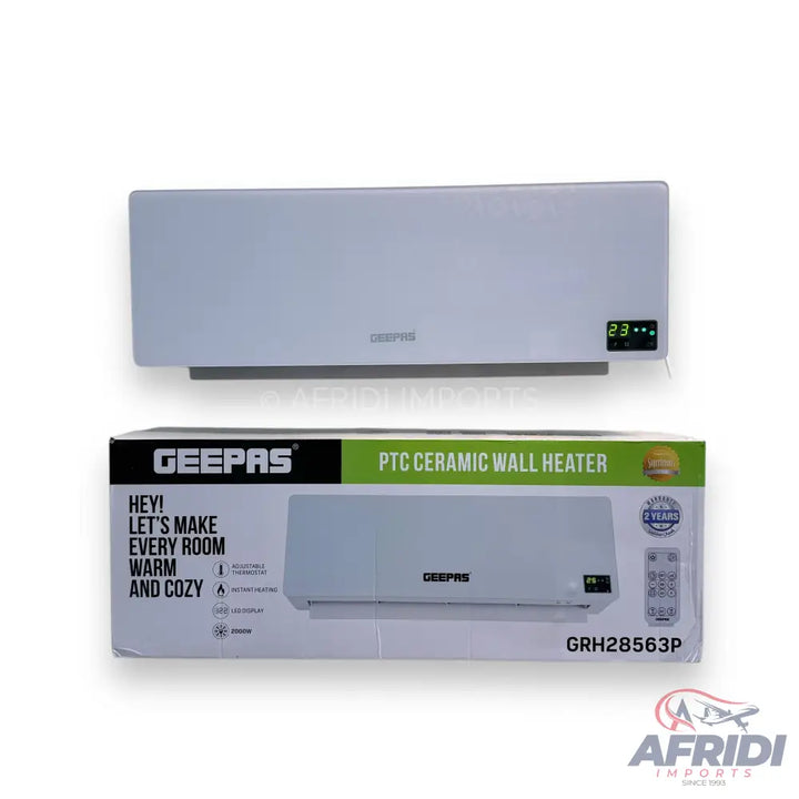 A white Geepas PTC ceramic wall heater with a digital display and remote control.