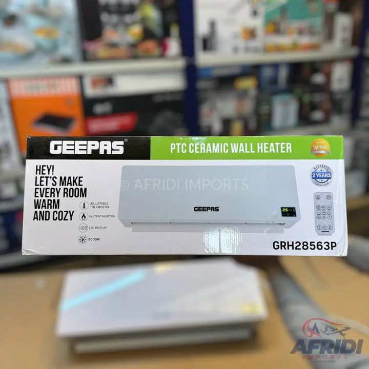 Geepas PTC ceramic wall heater with a remote control, offering adjustable thermostat, instant heating, and an LED display.