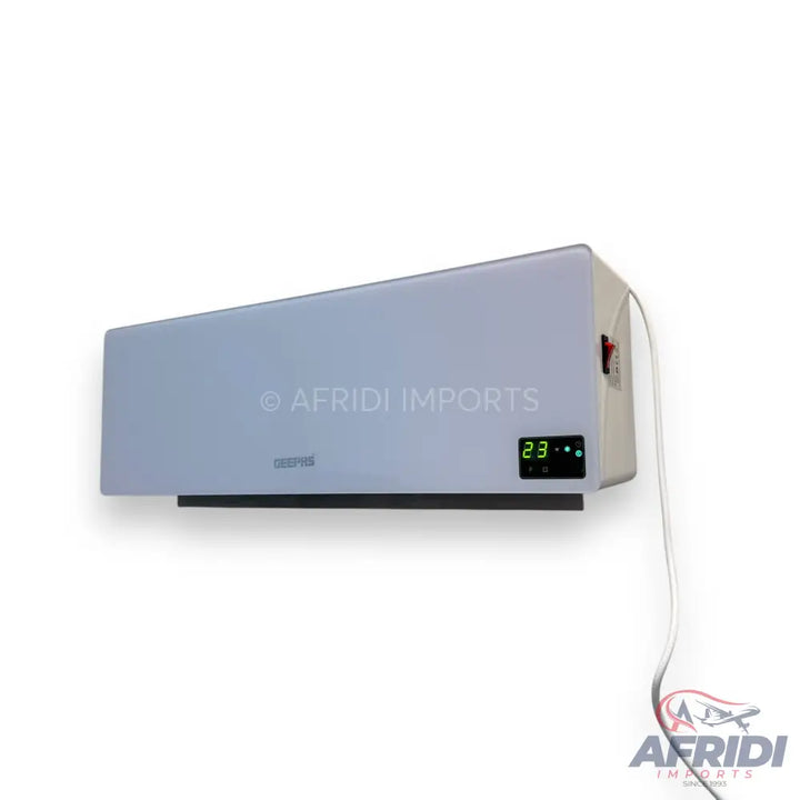 White wall-mounted air conditioner with a digital temperature display.