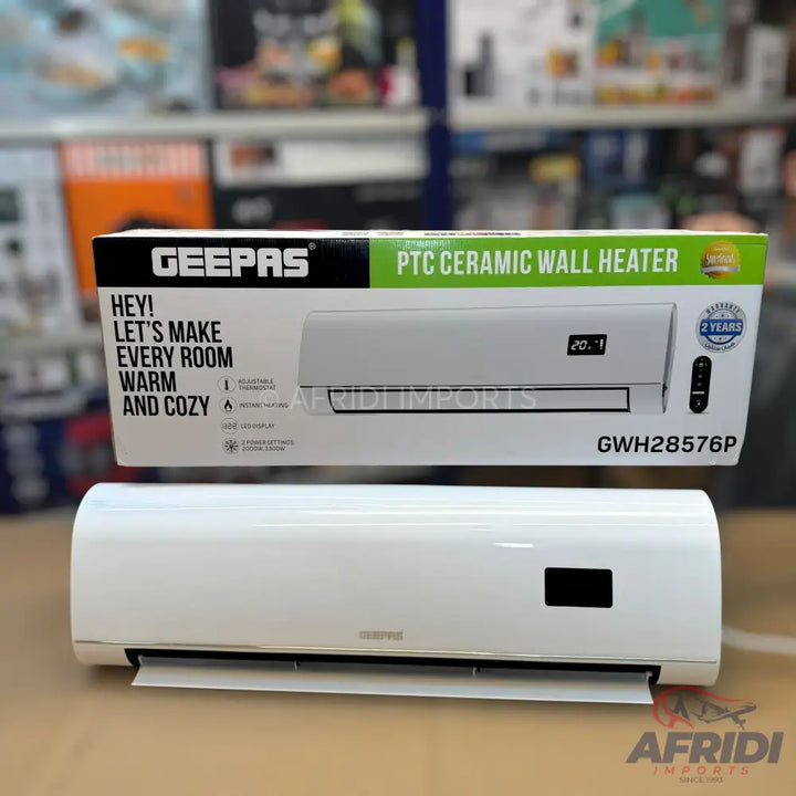 A Geepas PTC ceramic wall heater with a remote control, offering two years of warranty.