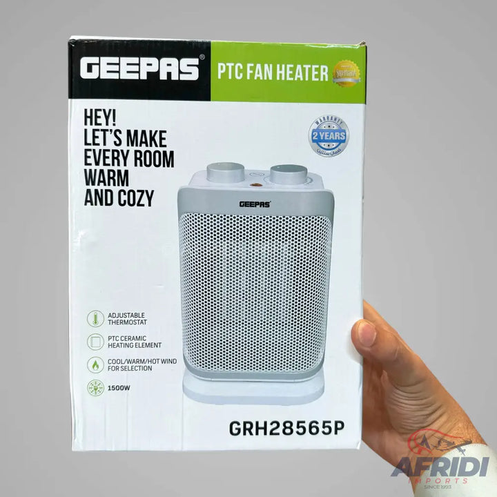 A Geepas PTC fan heater with adjustable thermostat, ceramic heating element, cool/warm/hot wind selection, and 1500W power.