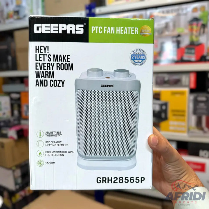 A Geepas PTC fan heater with a 2-year warranty, adjustable thermostat, ceramic heating element, cool/warm/hot wind selection, and 1500W power.
