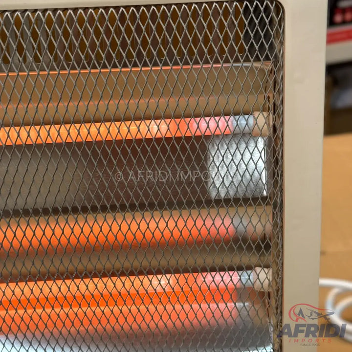 An electric room heater with three glowing heating elements and a protective mesh grill.