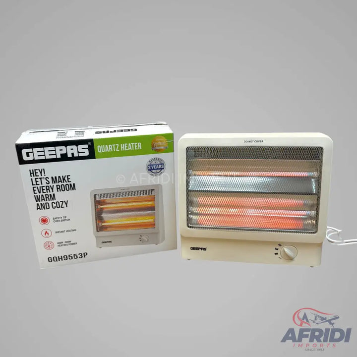 A white Geepas Quartz Heater with glowing orange heating elements.