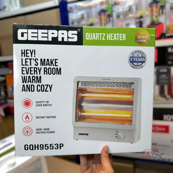 A Geepas Quartz Heater with 400W/800W heating power, a safety tip-over switch, and instant heating.