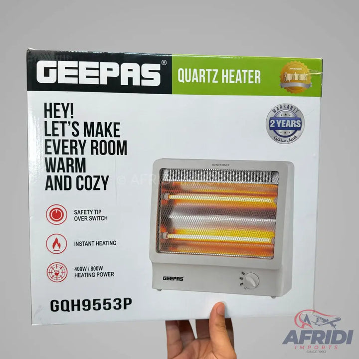 White Geepas Quartz Heater with two-year warranty and 400W/800W heating power.