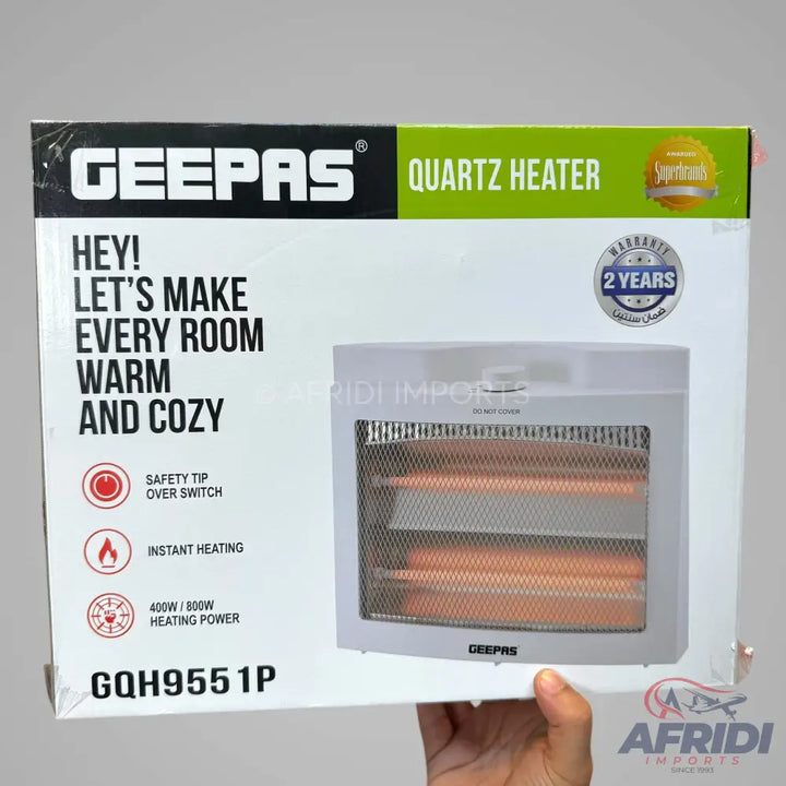 A white Geepas Quartz Heater with two years warranty and 400W/800W heating power.