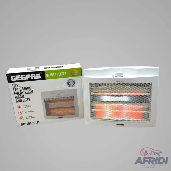 White Geepas quartz heater with multiple heating elements.