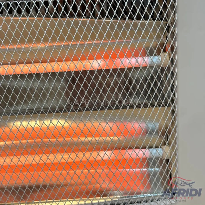 An electric heater with glowing orange heating elements behind a metal safety grille.