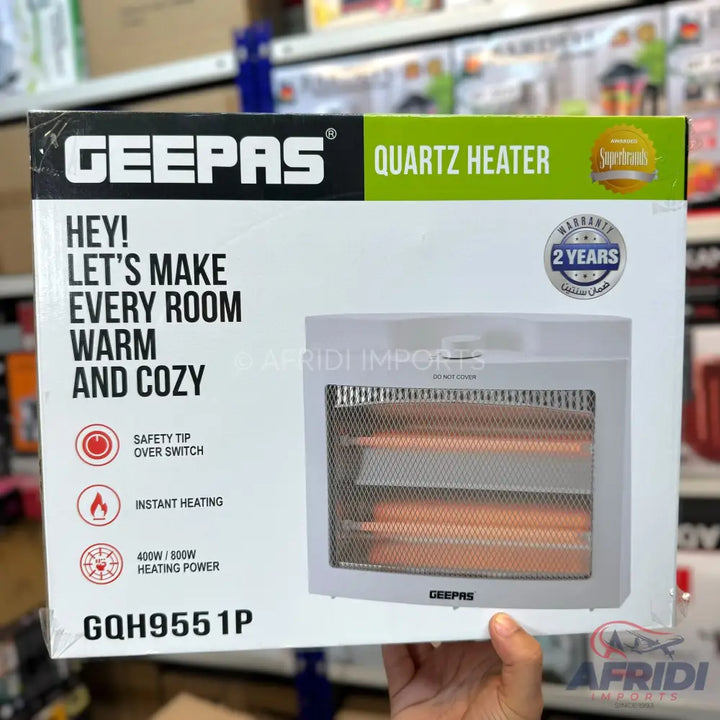 Geepas Quartz Heater with 2-year warranty, 400W/800W heating power, instant heating, and safety tip-over switch.
