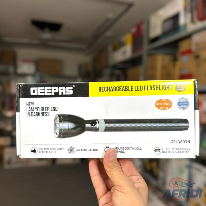 Geepas rechargeable LED flashlight with a lifetime warranty for the Cree LED, aluminum body, 4 hours continuous working, and a 6000mAh Li-ion battery.
