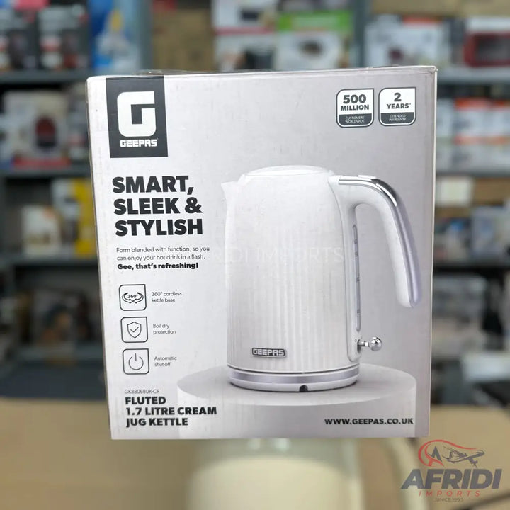 White Geepas electric kettle with a fluted design.