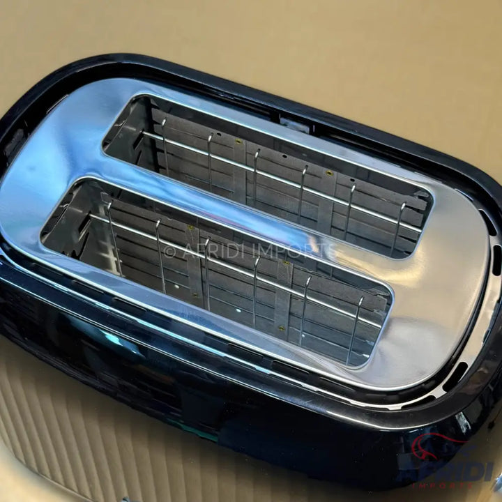 Black two-slice toaster with a chrome top.