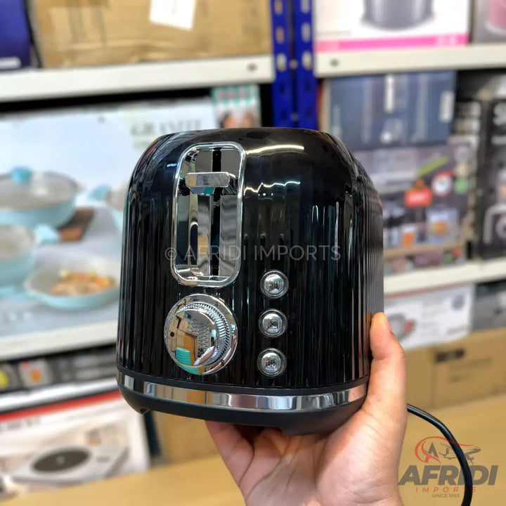 Black two-slice toaster with chrome accents.