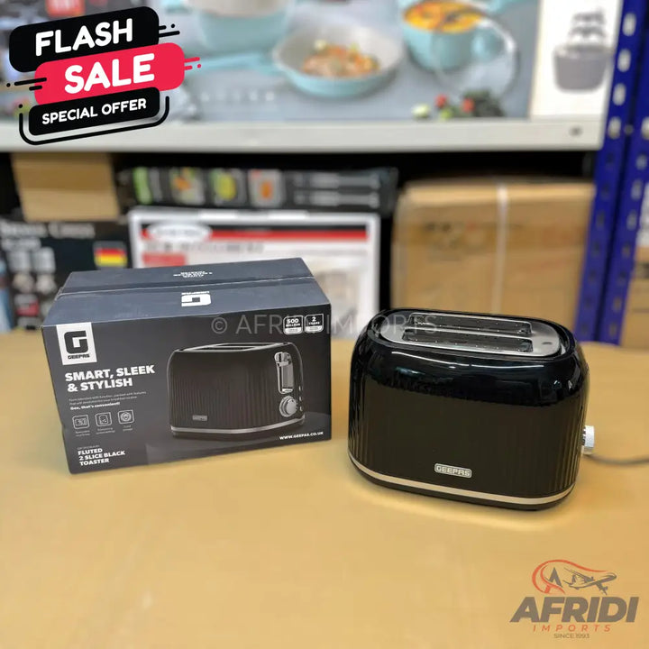 A black two-slice toaster with a corrugated design.