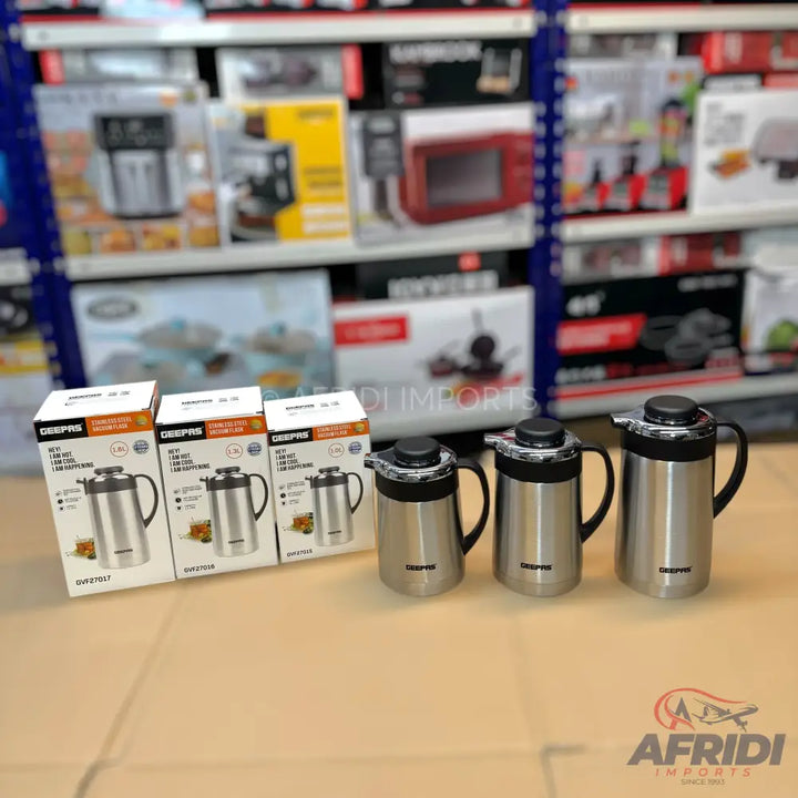 Stainless steel thermal carafes with black plastic lids and handles.