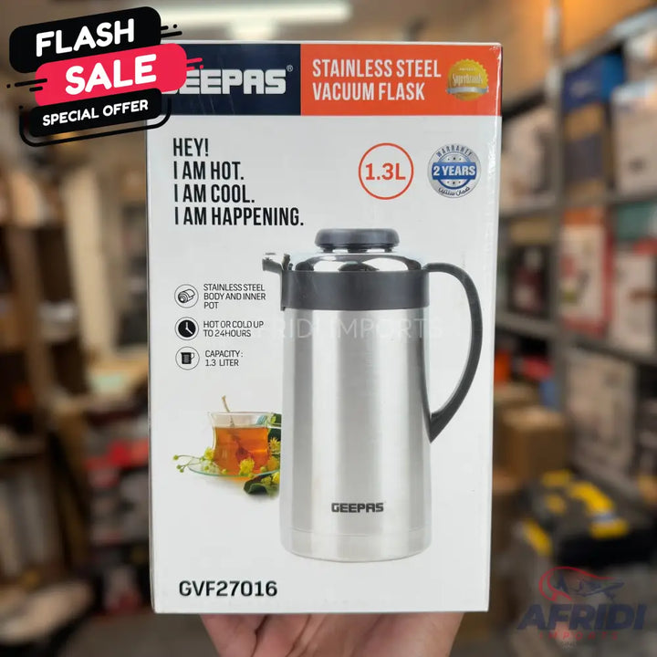 A stainless steel vacuum flask with a 1.3-liter capacity, designed to keep contents hot or cold for up to 24 hours.