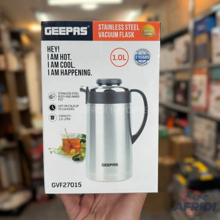 A stainless steel vacuum flask with a 1.0-liter capacity, featuring a 2-year warranty and designed to keep beverages hot or cold for up to 24 hours.