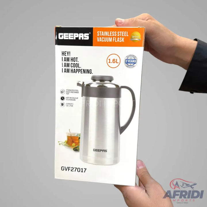 Stainless steel vacuum flask with 1.6L capacity and a 2-year warranty.
