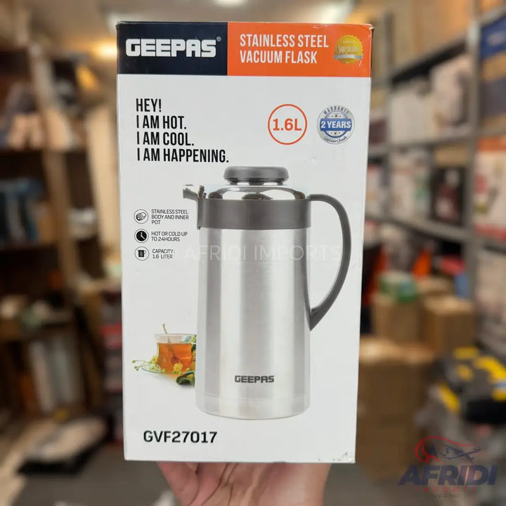 A stainless steel vacuum flask with a 1.6-liter capacity and a 2-year warranty.