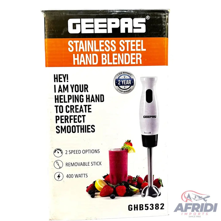 Geepas stainless steel hand blender with two-speed options and 400 watts of power.