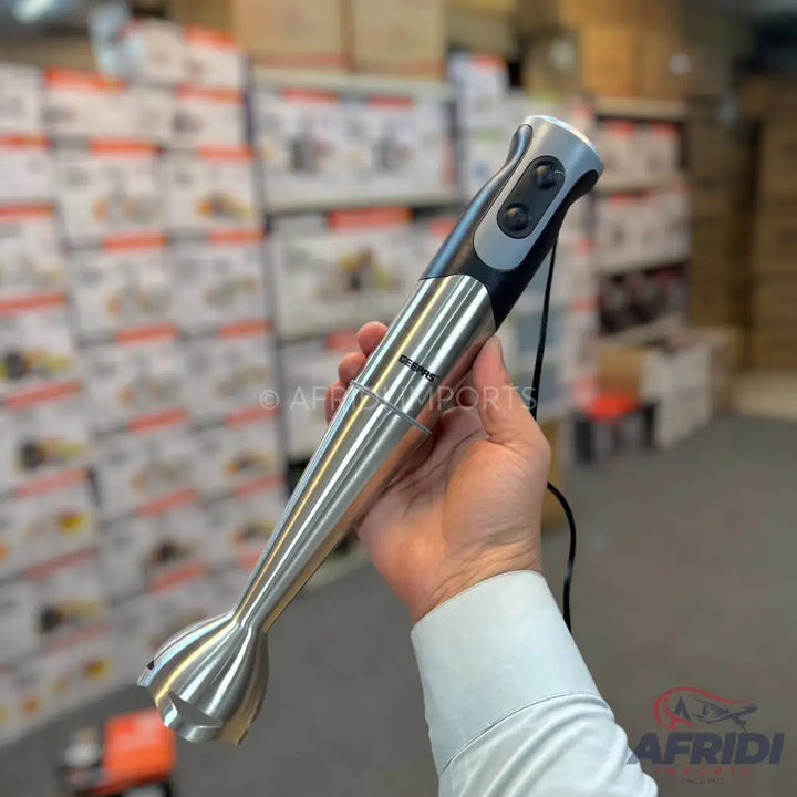 Stainless steel immersion blender with a black and grey ergonomic handle.