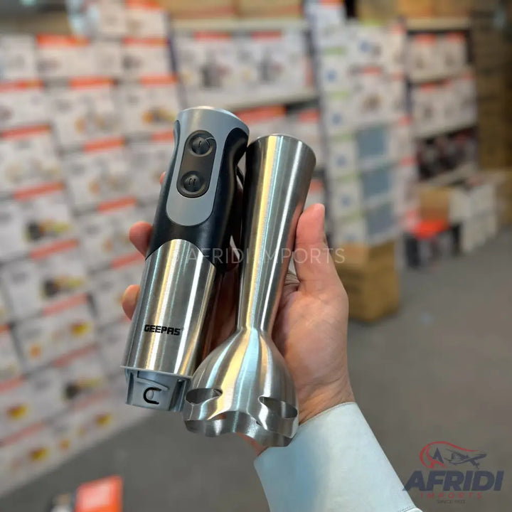 A two-piece stainless steel and black handheld immersion blender.