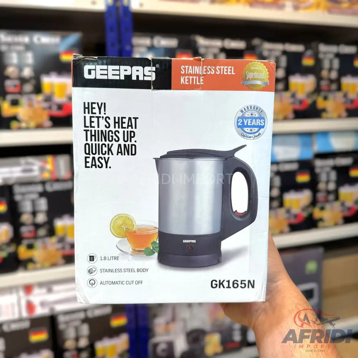 A stainless steel electric kettle with a 1.8-liter capacity and automatic shut-off.