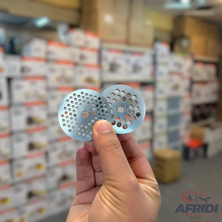 Two perforated metal discs, one with smaller, more numerous holes, and the other with larger, fewer holes.