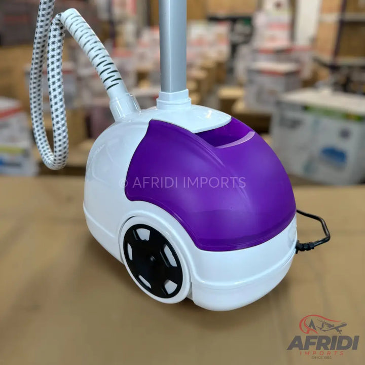 A white and purple standing garment steamer with a flexible hose and wheels.