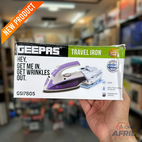 Geepas travel iron with a purple and white design, featuring non-stick soleplate and temperature control.