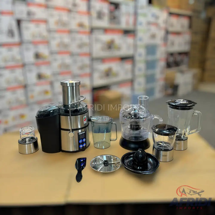 A multi-functional kitchen appliance set, including a juicer, food processor, and blender, with various attachments.