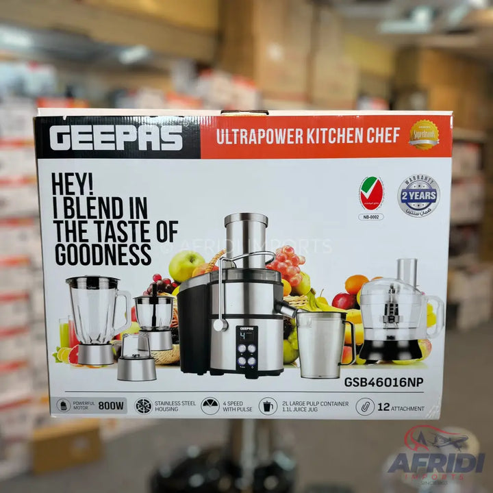 Geepas Ultrapower Kitchen Chef GSB46016NP, an 800W stainless steel housing food processor with 4 speeds plus pulse, a 2L large pulp container, 1.1L juice jug, and 12 attachments, offering a 2-year warranty.