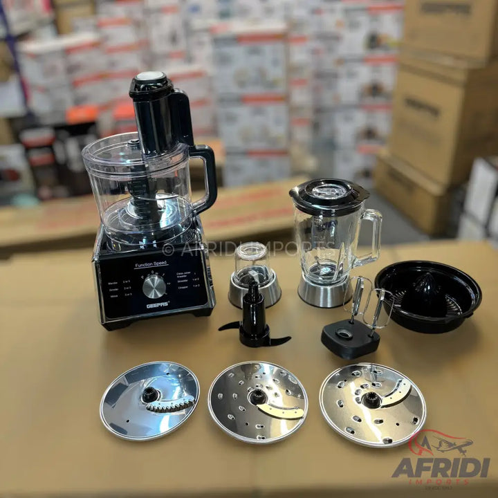 Black and clear multi-function food processor with various attachments.