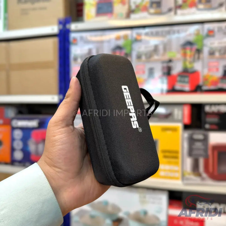 Black, rectangular zippered case with a white logo.