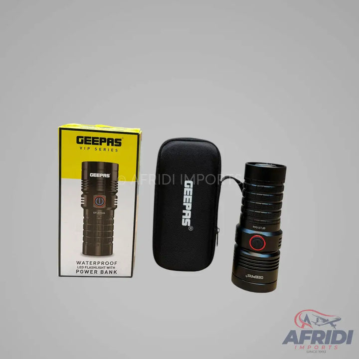 A black LED flashlight with power bank functionality, housed in a black carrying case, and presented in its yellow and white retail packaging.