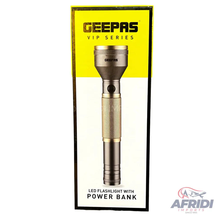A Geepas VIP Series LED flashlight with power bank functionality.