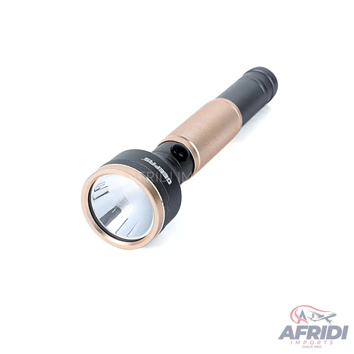Black and rose gold metallic flashlight with a ribbed grip.