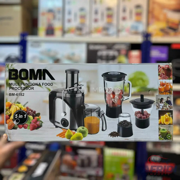A multi-functional food processor with juicer, blender, and grinder attachments.