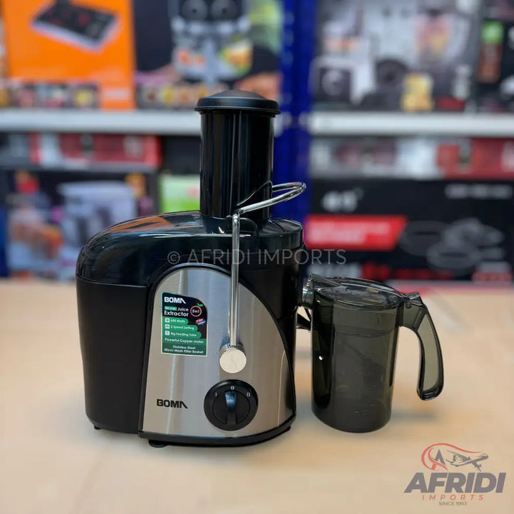Black and silver centrifugal juice extractor with a separate pulp container and juice jug.