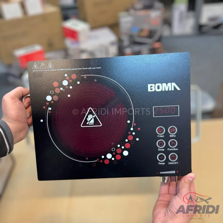 Black, single-burner electric cooktop with touch controls.