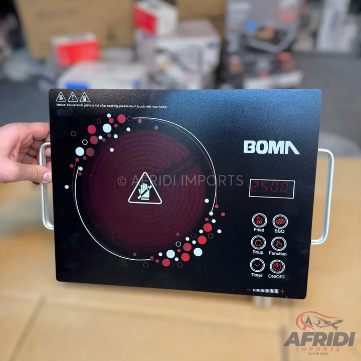 Black Boma electric induction cooktop with a single burner and touch controls.