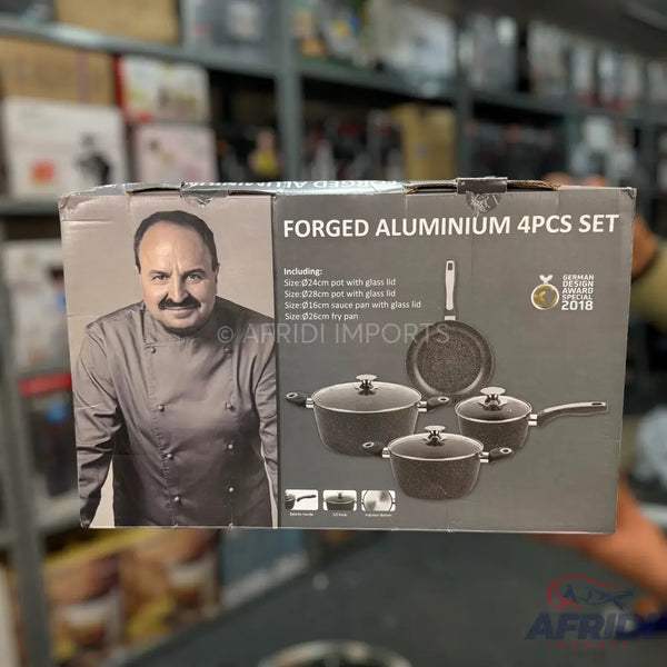 A boxed forged aluminum 4-piece cookware set.