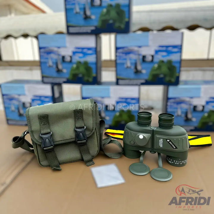 Olive green binoculars with a matching canvas carrying case.
