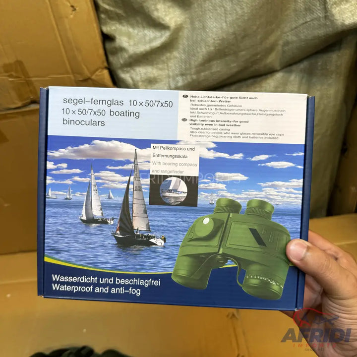 A boxed set of 10x50/7x50 waterproof and anti-fog boating binoculars with a built-in compass.