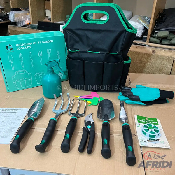 A complete 11-piece garden tool set with a carrying tote bag.