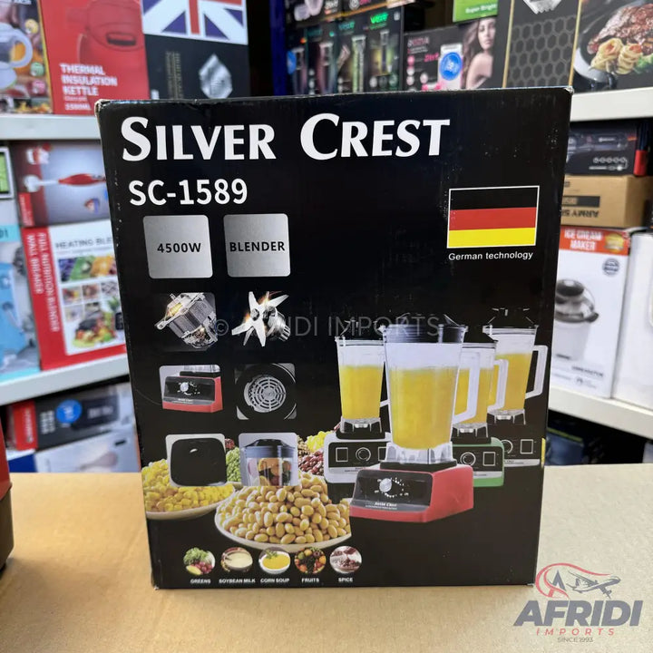 Black box for a Silver Crest SC-1589 4500W blender, featuring images of the blender in red, white, and green, along with ingredients like corn, soybeans, and fruits, highlighting its German technology.