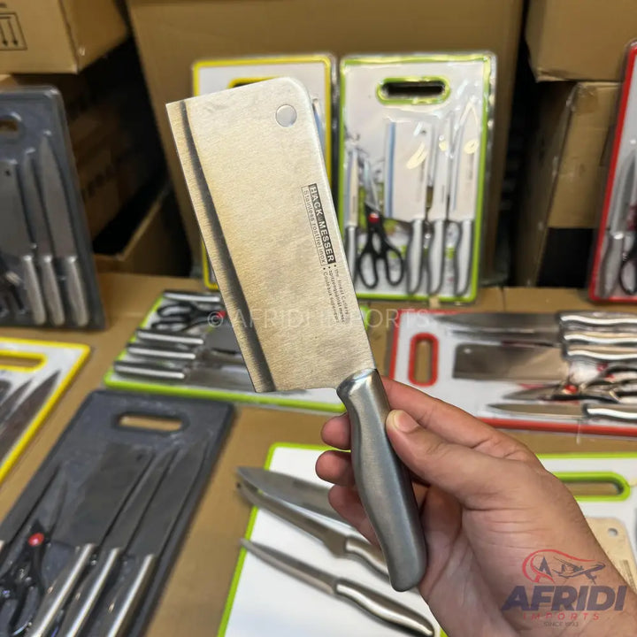 Stainless steel meat cleaver with a metal handle.